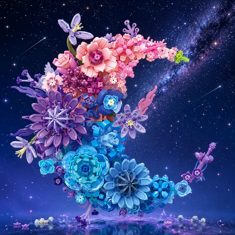 🌙 Moonlit Blossom Building Set - Romantic Crescent Moon Floral Bouquet Building Kit | 935 Pieces Creative Home Decor