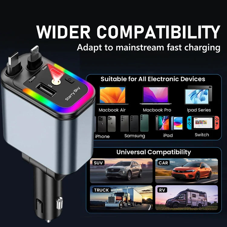 🚗✨ 120W 4-in-1 Retractable Car Charger