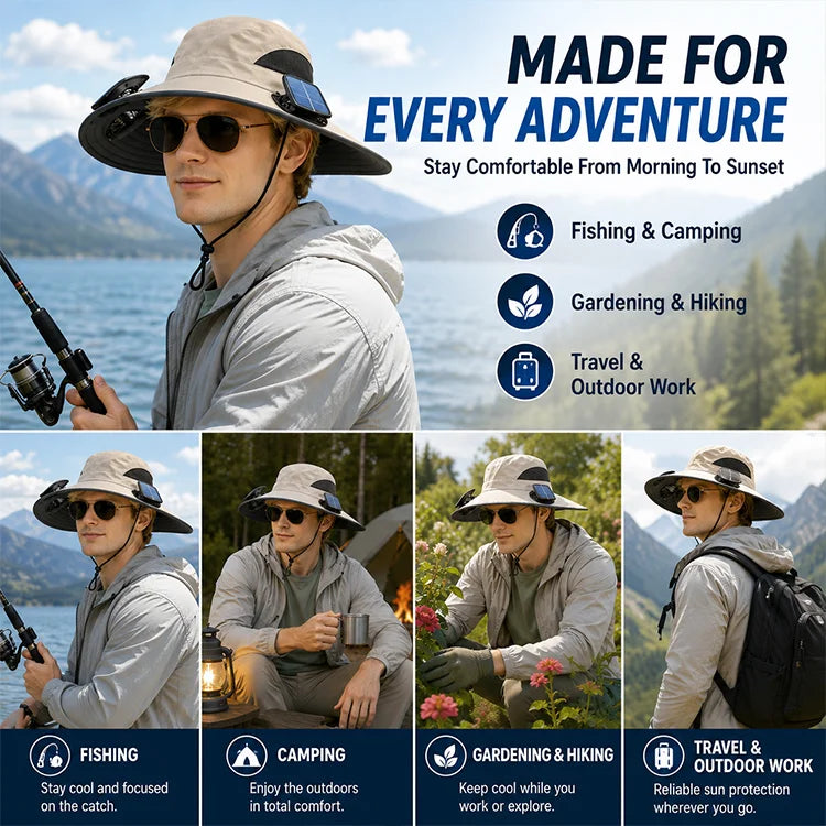 🌞 SolarCool - Wide Brim Solar Fan Hat – UPF 50+ Outdoor Cooling Sun Hat - Stay Cool. Stay Protected. Stay Outside Longer.