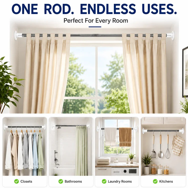 Heavy-Duty Adjustable Stainless Steel Tension Rod – Drill-Free Curtain, Shower & Closet Rod with Anti-Slip Ends