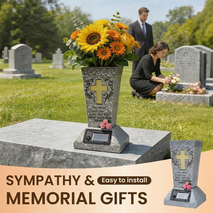 Solar Memorial Cross Flower Vase for Cemetery – Waterproof Grave Decoration with Warm LED Light, Remembrance Gift for Loved Ones