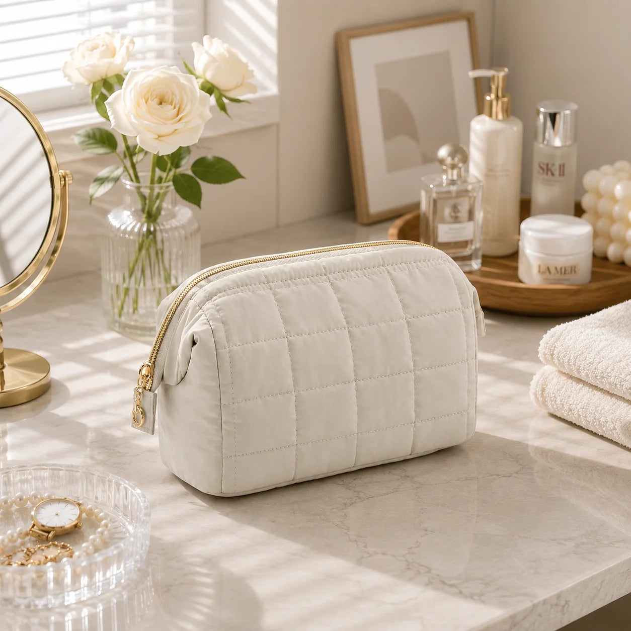Puffy Quilted Makeup Bag – Large Capacity Travel Cosmetic Organizer, Water-Resistant Toiletry Bag with Multi-Pocket Storage for Women