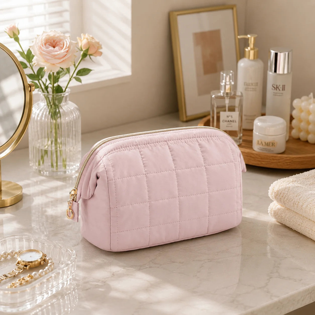 Puffy Quilted Makeup Bag – Large Capacity Travel Cosmetic Organizer, Water-Resistant Toiletry Bag with Multi-Pocket Storage for Women