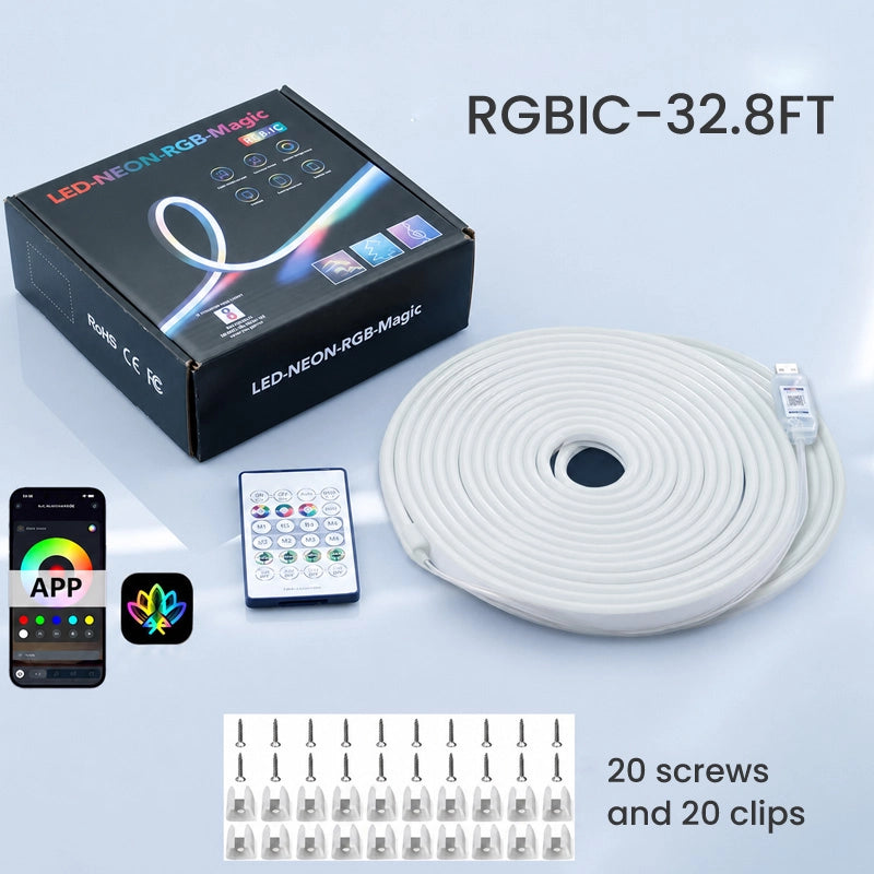 GlowWave - Smart RGB-IC Neon Light Strip · Bluetooth-Controlled Waterproof Flexible LED Chasing Light