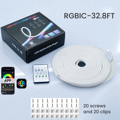 GlowWave - Smart RGB-IC Neon Light Strip · Bluetooth-Controlled Waterproof Flexible LED Chasing Light