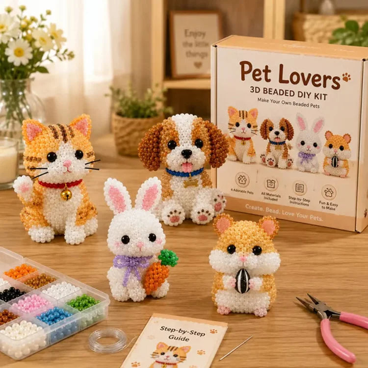 Petite 3D Beaded Animal Craft Kit – 4-Pack DIY Animal Bead Making Set for Kids & Families