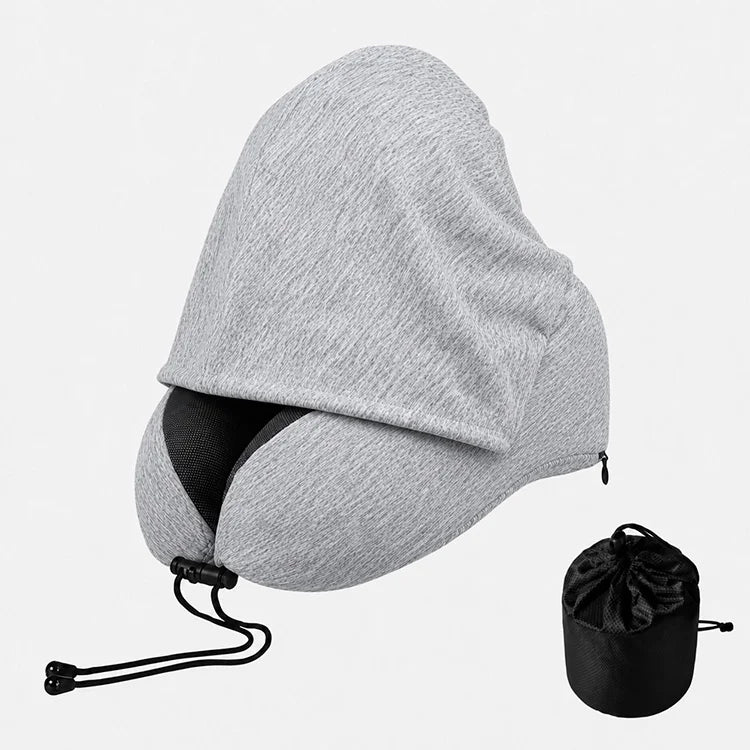 Cooling Hooded Memory Foam Travel Neck Pillow – Ergonomic U-Shaped Airplane Pillow with Privacy Hood & Cooling Fabric for Travel, Office & Naps