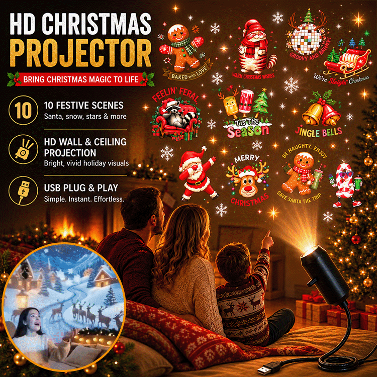 10-Scene Christmas Projector Light – USB Wall & Ceiling Holiday Projector