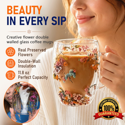 Double Wall Dried Flower Mug – Borosilicate Glass Insulated Coffee & Tea Cup with Handle