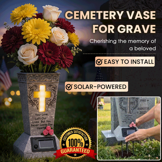 Solar Memorial Cross Flower Vase for Cemetery – Waterproof Grave Decoration with Warm LED Light, Remembrance Gift for Loved Ones