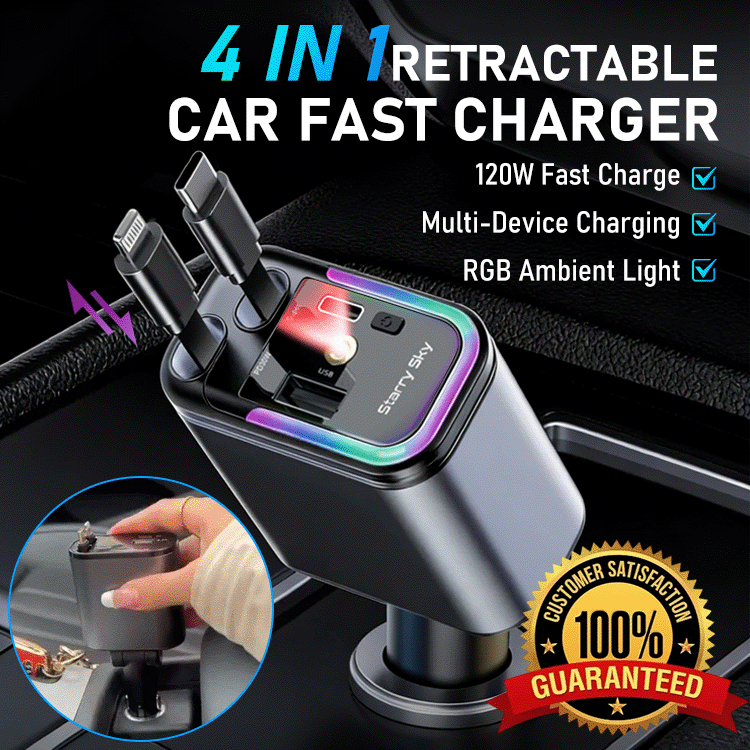 🚗✨ 120W 4-in-1 Retractable Car Charger