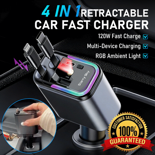 🚗✨ 120W 4-in-1 Retractable Car Charger
