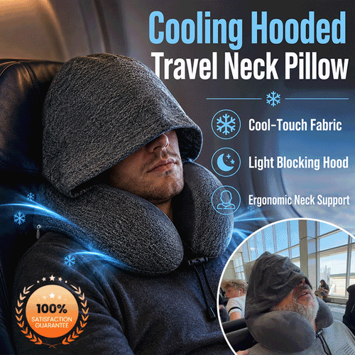 Cooling Hooded Memory Foam Travel Neck Pillow – Ergonomic U-Shaped Airplane Pillow with Privacy Hood & Cooling Fabric for Travel, Office & Naps
