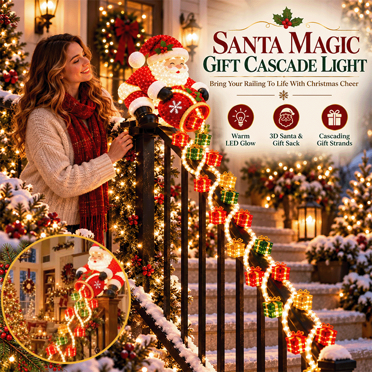 Light-Up Santa Gift Cascade – Christmas Stair Railing Decor