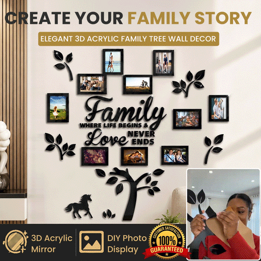 3D Acrylic Family Tree Photo Frame Wall Decor – Self-Adhesive Mirror Wall Art with 10 Picture Frames for Living Room & Home Decoration