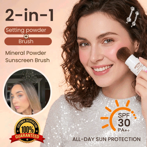 SPF 30 Mineral Powder Sunscreen Brush – Portable Matte Finish Setting Powder with Broad Spectrum UVA/UVB Protection
