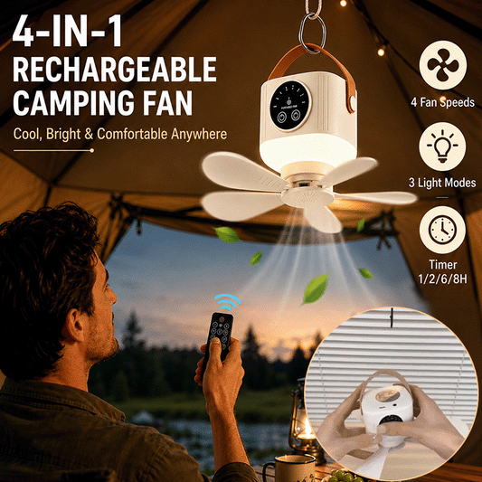 Rechargeable Camping Ceiling Fan with Tripod Stand, LED Light & Remote Control