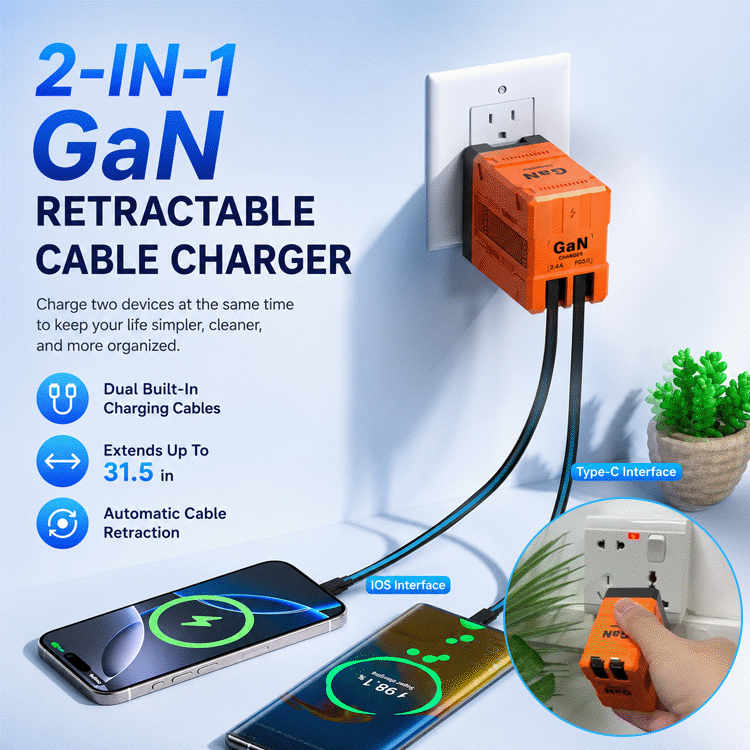 GaN Retractable Wall Charger with Built-In USB-C & Lightning Cables – Dual Fast Charging Travel Adapter