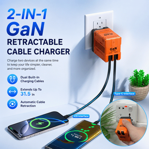 GaN Retractable Wall Charger with Built-In USB-C & Lightning Cables – Dual Fast Charging Travel Adapter