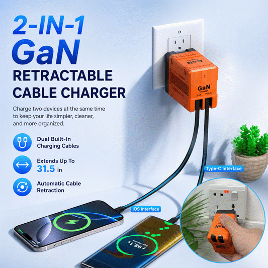 GaN Retractable Wall Charger with Built-In USB-C & Lightning Cables – Dual Fast Charging Travel Adapter