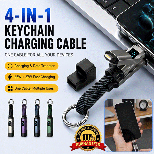 65W Fast Charging 4-in-1 Keychain Cable with Digital Display – USB-C & Lightning Universal Charging Cord