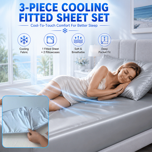 🛏️ 3-Piece Cooling Fitted Sheet Set – Silky Ice Cooling Mattress Protector with Deep Pocket & 2 Pillowcases