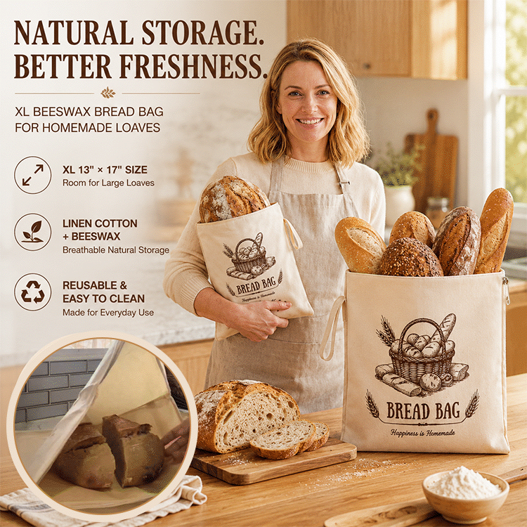 Reusable Beeswax Bread Storage Bag – XL Breathable Linen Cotton Bread Keeper