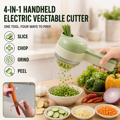 4-in-1 Cordless Electric Vegetable Cutter – Handheld Slicer, Chopper, Grinder & Peeler