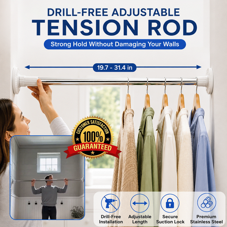 Heavy-Duty Adjustable Stainless Steel Tension Rod – Drill-Free Curtain, Shower & Closet Rod with Anti-Slip Ends