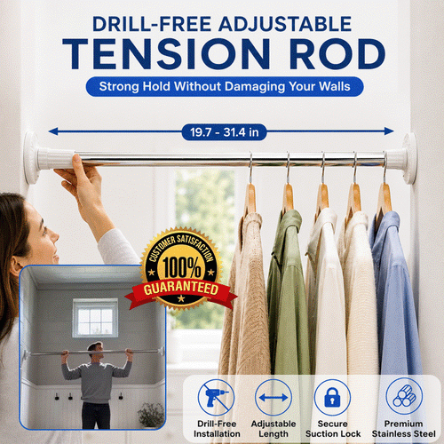 Heavy-Duty Adjustable Stainless Steel Tension Rod – Drill-Free Curtain, Shower & Closet Rod with Anti-Slip Ends