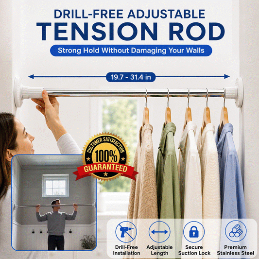 Heavy-Duty Adjustable Stainless Steel Tension Rod – Drill-Free Curtain, Shower & Closet Rod with Anti-Slip Ends