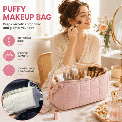 Puffy Quilted Makeup Bag – Large Capacity Travel Cosmetic Organizer, Water-Resistant Toiletry Bag with Multi-Pocket Storage for Women