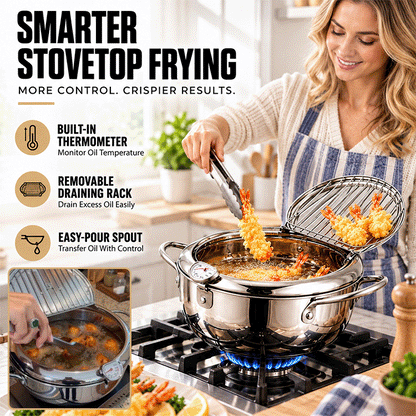 Stainless Steel Deep Fryer Pot – Built-In Thermometer & Draining Rack