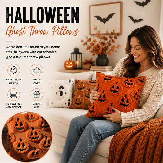 2-Pack Halloween Plush Throw Pillow Covers with 3D Embroidered Ghost & Pumpkin Design