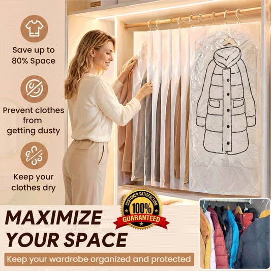 Reusable Hanging Vacuum Storage Bags for Clothes, Puffer Jackets & Winter Coats – Space Saving Closet Organizer