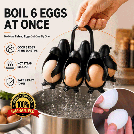 Penguin Egg Boiler Holder – 6-Egg Boiling Rack, Food-Grade Egg Cooker Basket with Easy-Lift Handle for Meal Prep & Kitchen Storage
