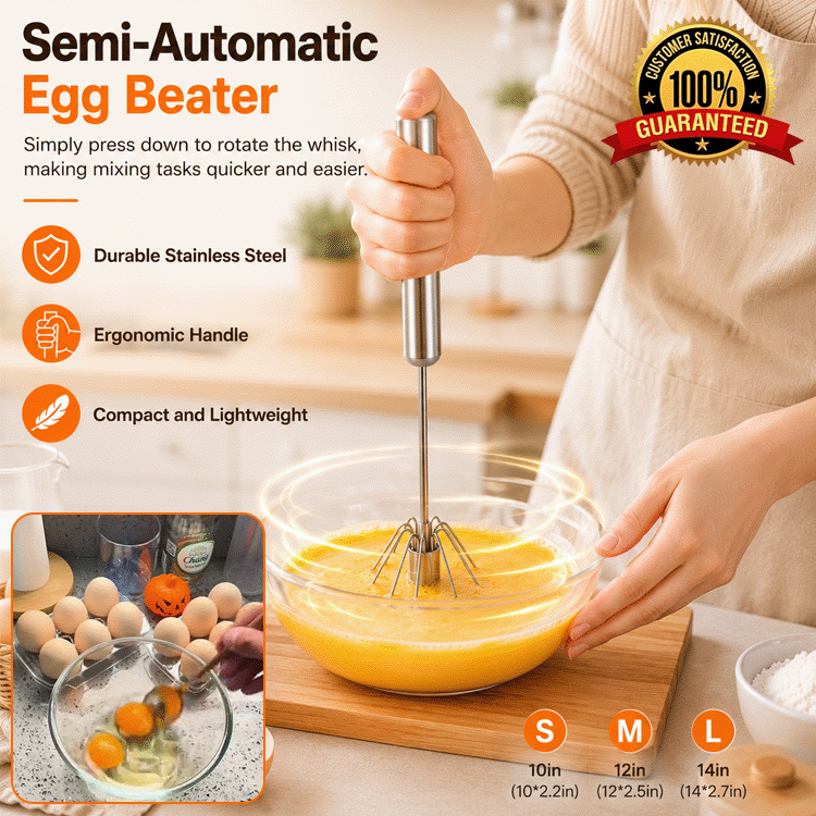 Premium Semi-Automatic Push Whisk – Stainless Steel Hand Push Rotary Egg Beater for Eggs, Baking, Cream & Batter