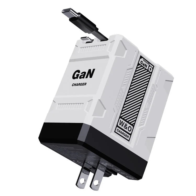 GaN Retractable Wall Charger with Built-In USB-C & Lightning Cables – Dual Fast Charging Travel Adapter