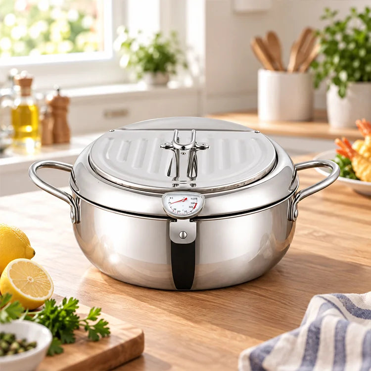 Stainless Steel Deep Fryer Pot – Built-In Thermometer & Draining Rack
