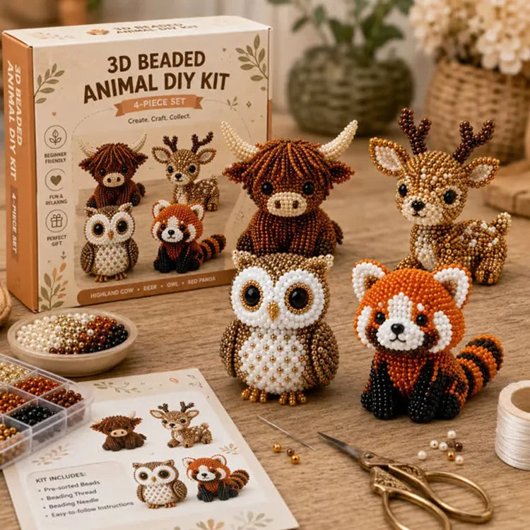 Petite 3D Beaded Animal Craft Kit – 4-Pack DIY Animal Bead Making Set for Kids & Families
