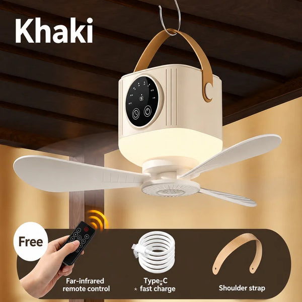 Rechargeable 4-in-1 Portable Camping Ceiling Fan with LED Light, Remote Control & Hanging Hook