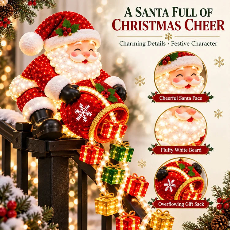 Light-Up Santa Gift Cascade – Christmas Stair Railing Decor