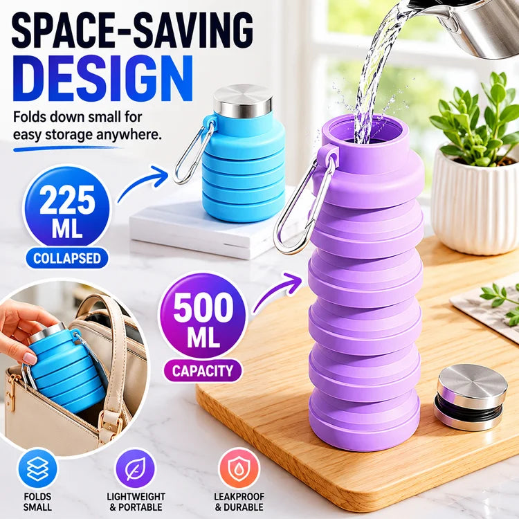 Collapsible Silicone Water Bottle – Leakproof Foldable Travel & Sports Hydration Bottle