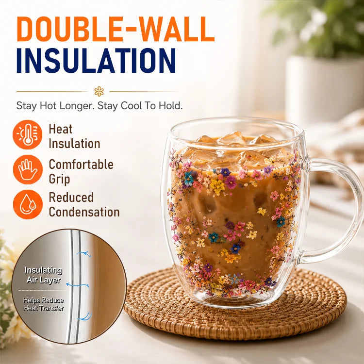 Double Wall Dried Flower Mug – Borosilicate Glass Insulated Coffee & Tea Cup with Handle