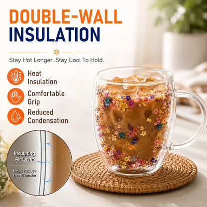 Double Wall Dried Flower Mug – Borosilicate Glass Insulated Coffee & Tea Cup with Handle