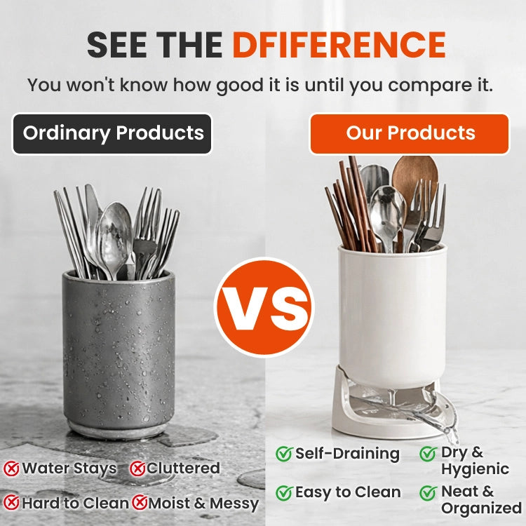 Self-Draining Kitchen Utensil Holder with Automatic Drainage Tray | Ventilated Cutlery Drying Organizer for Kitchen Counter