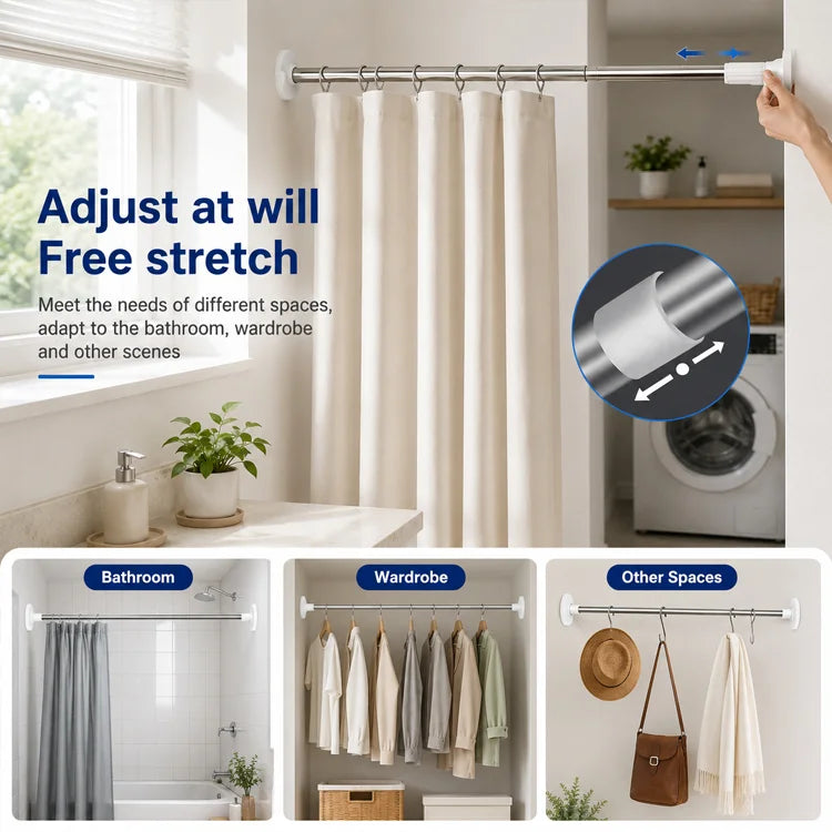 Heavy-Duty Adjustable Stainless Steel Tension Rod – Drill-Free Curtain, Shower & Closet Rod with Anti-Slip Ends
