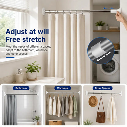 Heavy-Duty Adjustable Stainless Steel Tension Rod – Drill-Free Curtain, Shower & Closet Rod with Anti-Slip Ends