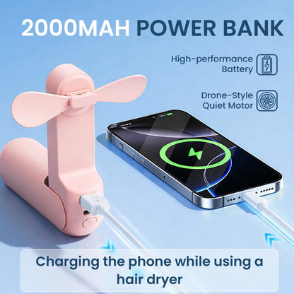 2-in-1 Portable Handheld Fan & Power Bank – USB Rechargeable Personal Cooling Fan with Up to 12H Battery Life
