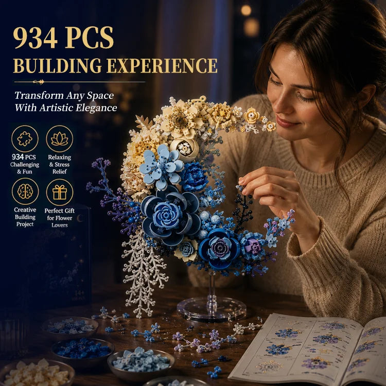 🌙 Moonlit Blossom Building Set - Romantic Crescent Moon Floral Bouquet Building Kit | 935 Pieces Creative Home Decor